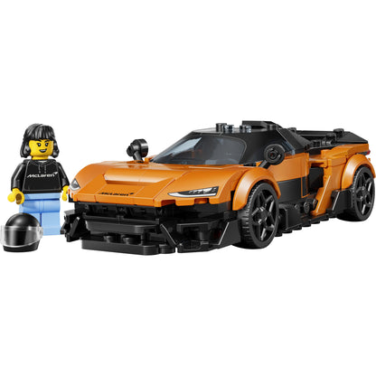 LEGO® McLaren W1 set with orange race car and minifigure in McLaren shirt—ONLINE ONLY.