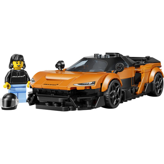 Product Image – LEGO® McLaren W1 set with orange race car and minifigure in McLaren shirt—ONLINE ONLY.