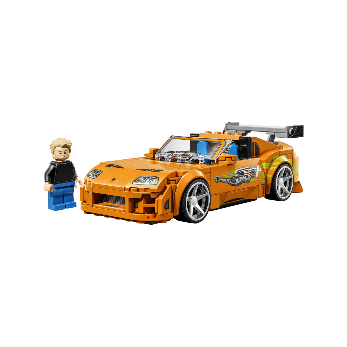 LEGO® Fast & Furious Toyota Supra MK4, orange with decals, spoiler & minifigure. ONLINE ONLY.