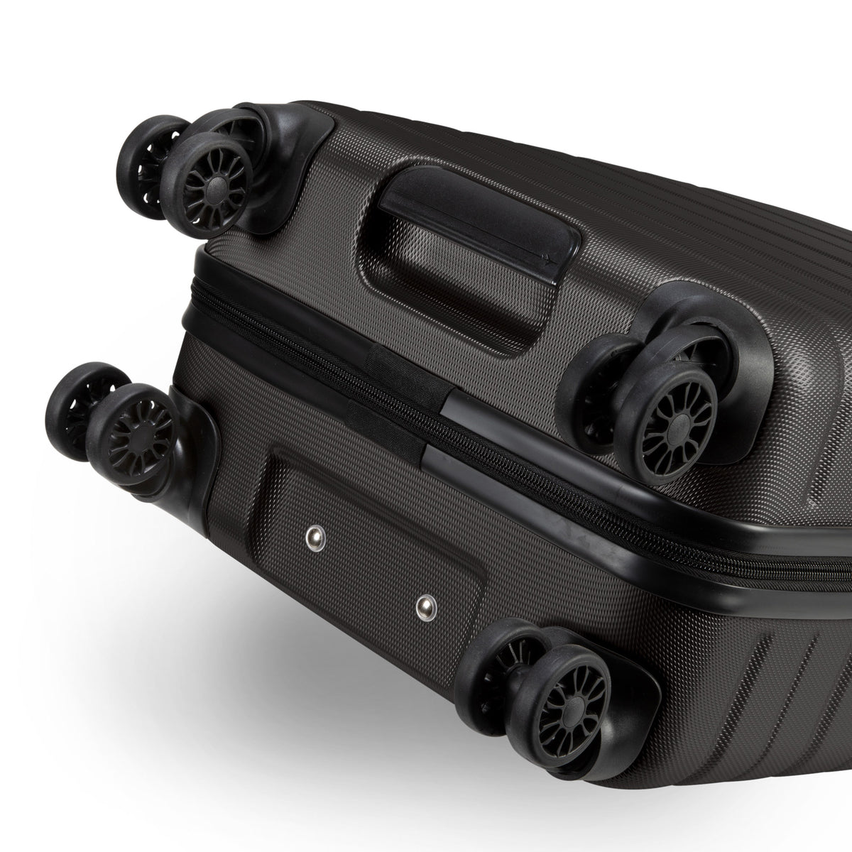 Skyway Epic 2.0 Hardside Carry-on Spinner in black, with double-spinner wheels and built-in handle, side view.