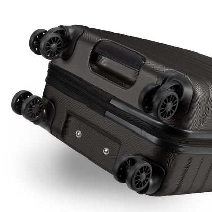 Skyway Epic 2.0 Hardside Carry-on Spinner in black, with double-spinner wheels and built-in handle, side view.