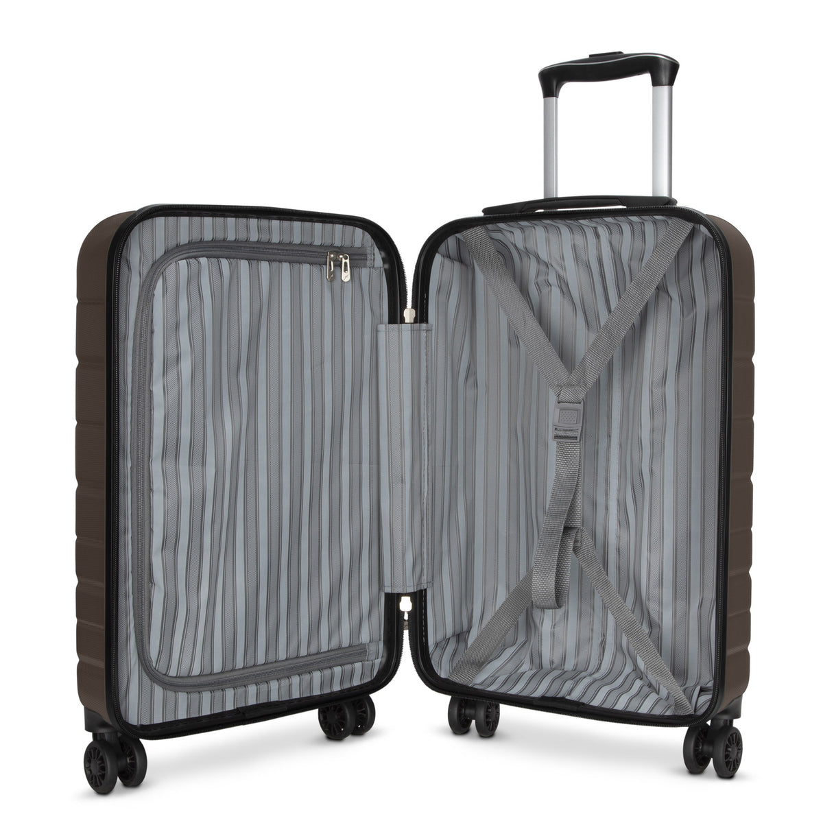 Open Skyway Epic 2.0 hardside carry-on with striped gray lining, zip pocket, and adjustable straps.