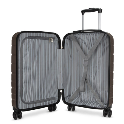 Open Skyway Epic 2.0 hardside carry-on with striped gray lining, zip pocket, and adjustable straps.