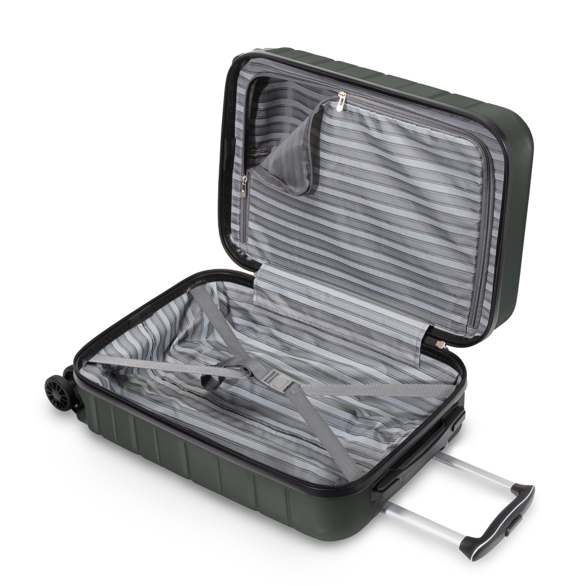 The Skyway Epic 2.0 Hardside Luggage shows a striped interior, zipper pocket & extended handle.