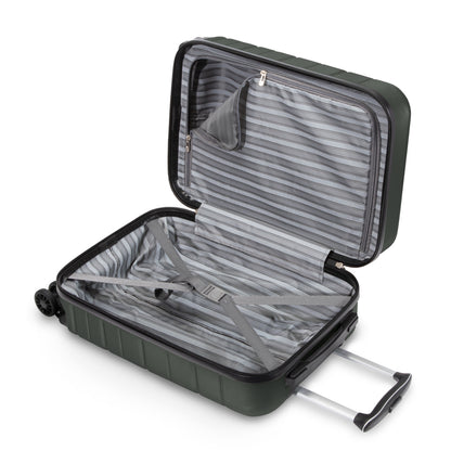 The Skyway Epic 2.0 Hardside Luggage shows a striped interior, zipper pocket & extended handle.