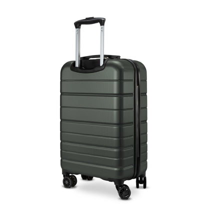 Skyway Epic 2.0 dark green hardside luggage has scratch resistance, 360° dual wheels, and a telescopic handle.