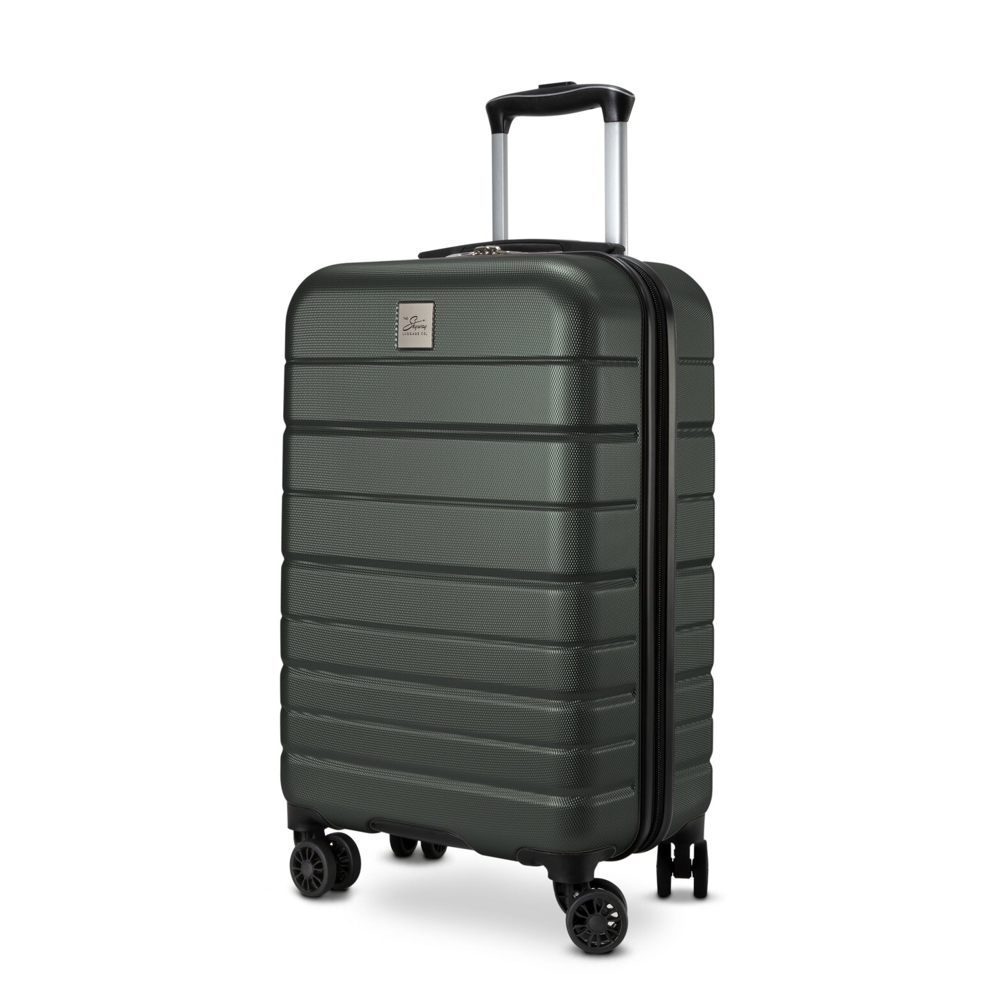 Skyway Epic 2.0 dark green hardside suitcase with 360° dual wheels and an extended handle, by Skyway.