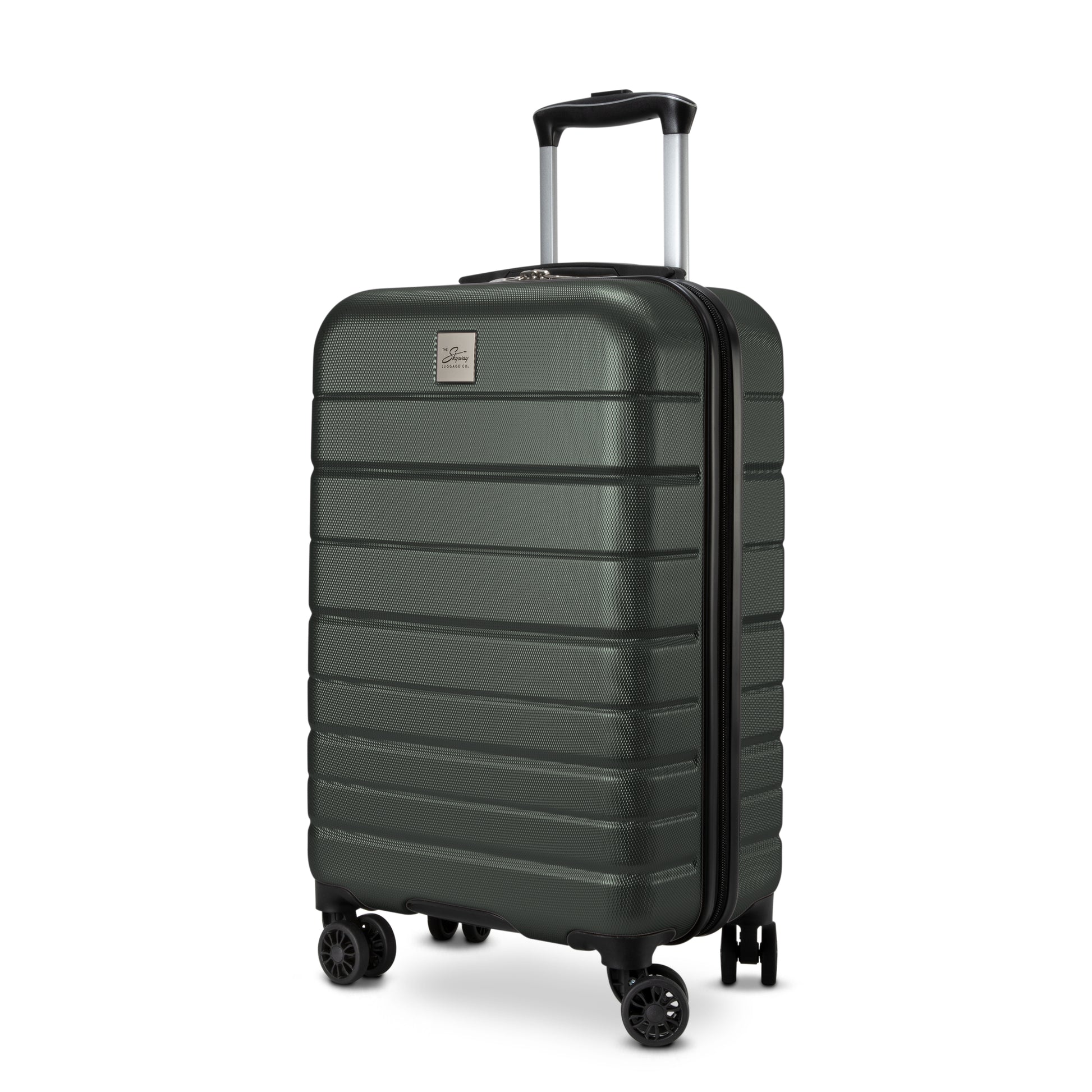 Skyway Epic 2.0 dark green hardside suitcase with 360° dual wheels and an extended handle, by Skyway.