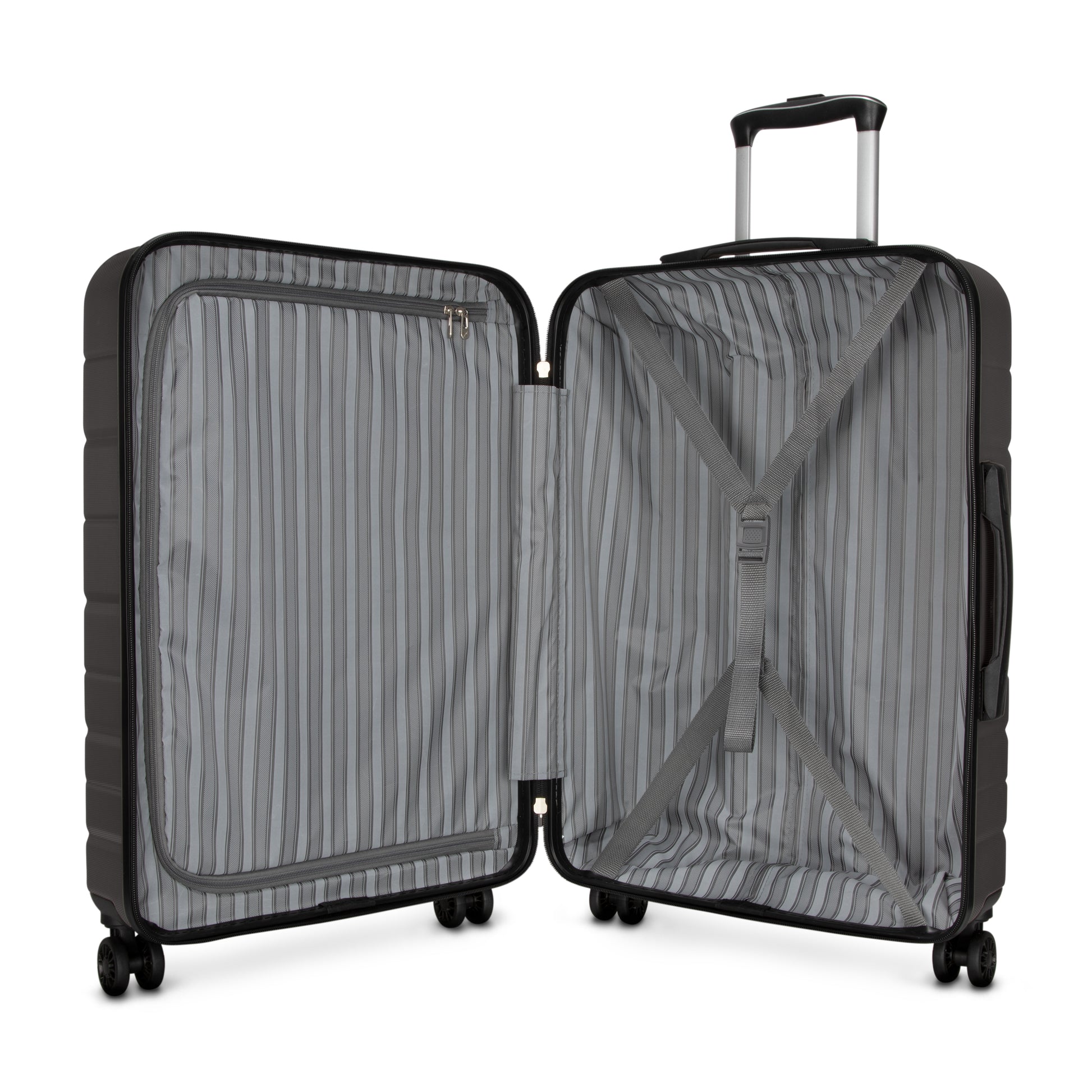 The Skyway Epic 2.0 suitcase opens to reveal striped lining, a zip pocket, and adjustable straps.