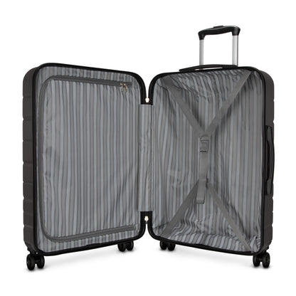 The Skyway Epic 2.0 suitcase opens to reveal striped lining, a zip pocket, and adjustable straps.