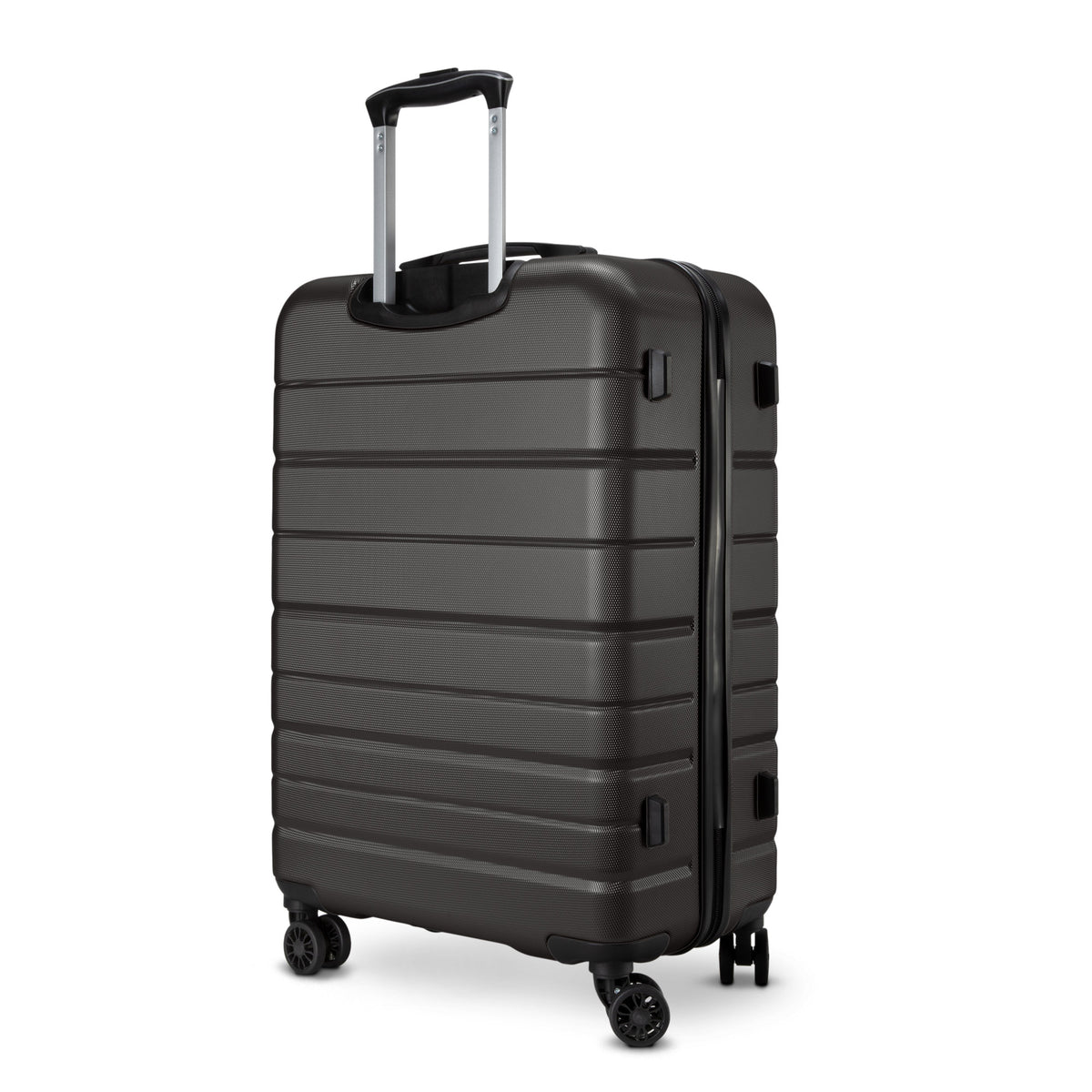Skyway Epic 2.0 Hardside Medium Spinner luggage in black, four wheels & telescopic handle, upright on white.