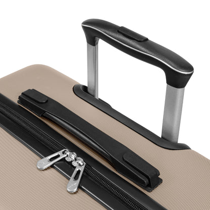 Close-up of Skyway Epic 2.0 Hardside Medium Check-in Spinner in beige, with black handle and zipper.
