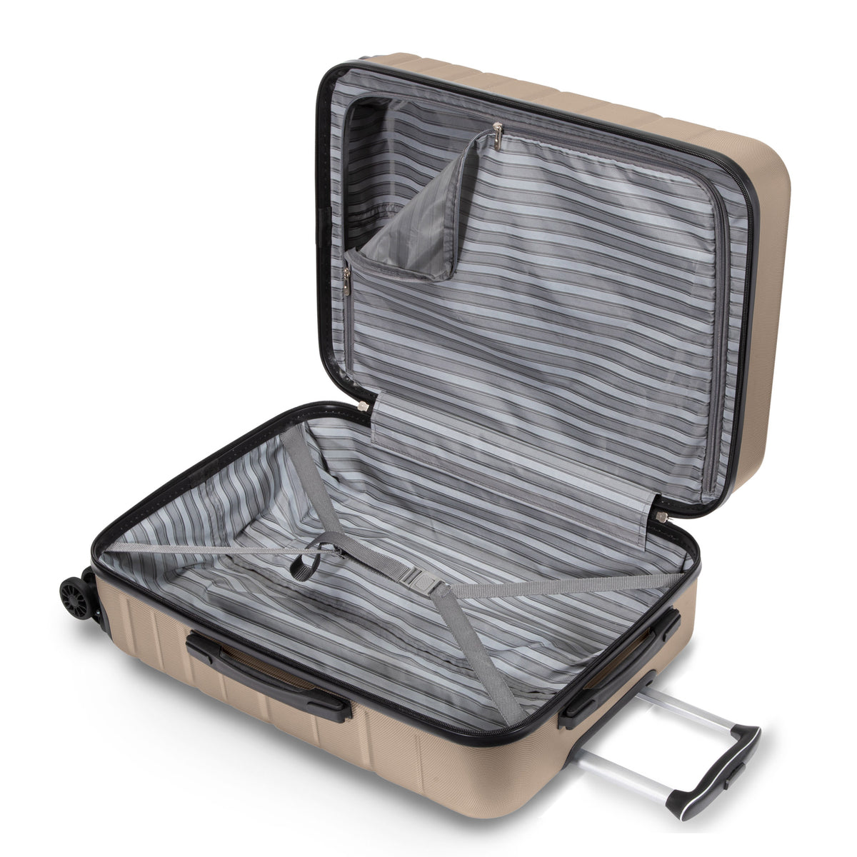 Open beige Skyway Epic 2.0 Medium Check-in Spinner with striped lining, cross straps & zippered pocket.