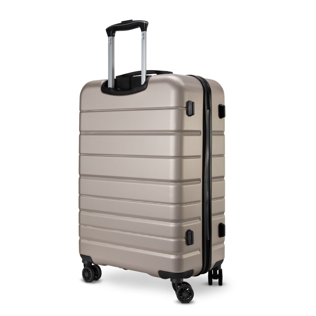 Beige Skyway Epic 2.0 Hardside Medium Check-in Spinner, four wheels, retractable handle, standing upright.