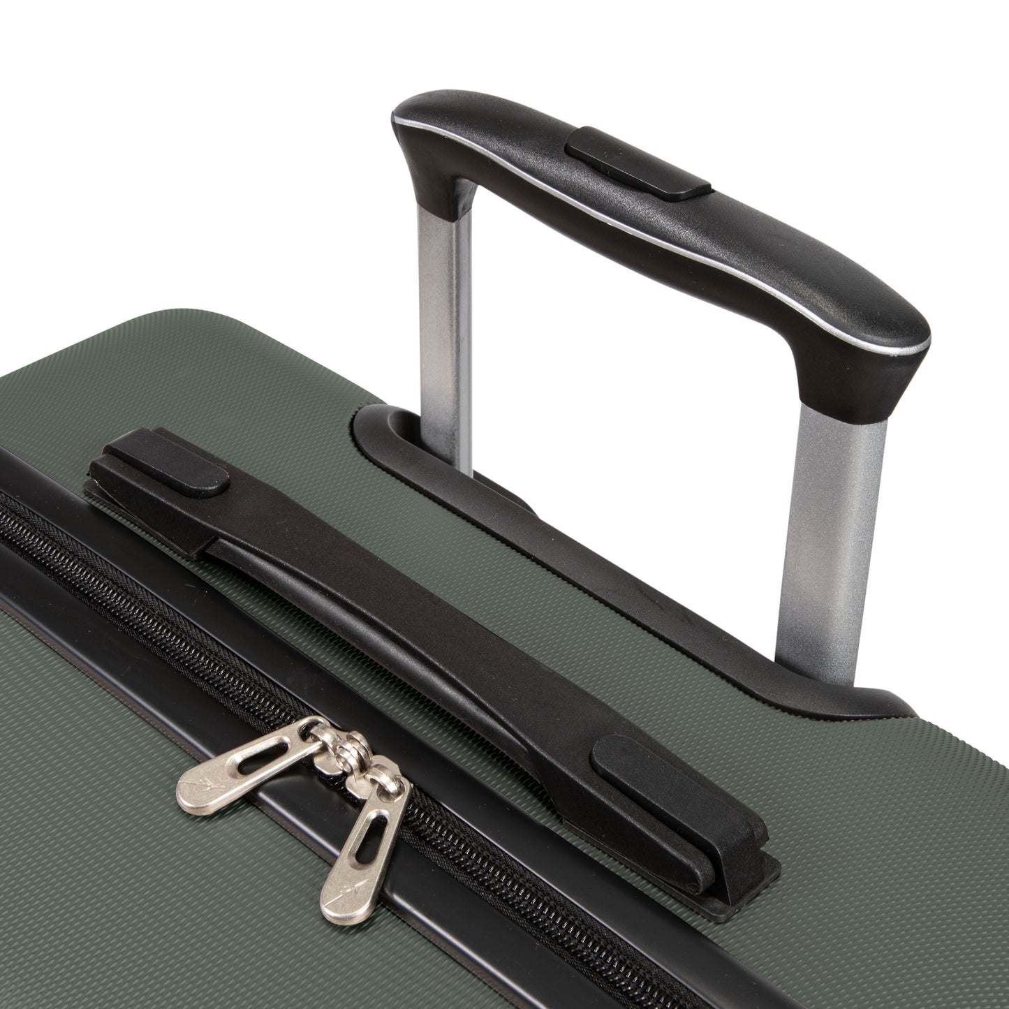 Close-up of Skyway Epic 2.0 Hardside Luggage with black zipper, plastic handle, and telescopic handle.