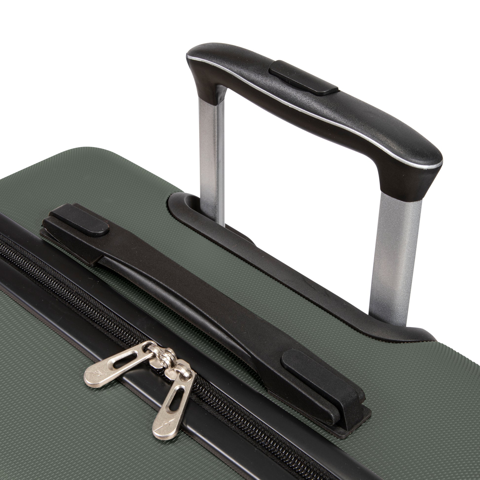 Close-up of Skyway Epic 2.0 Hardside Luggage with black zipper, plastic handle, and telescopic handle.