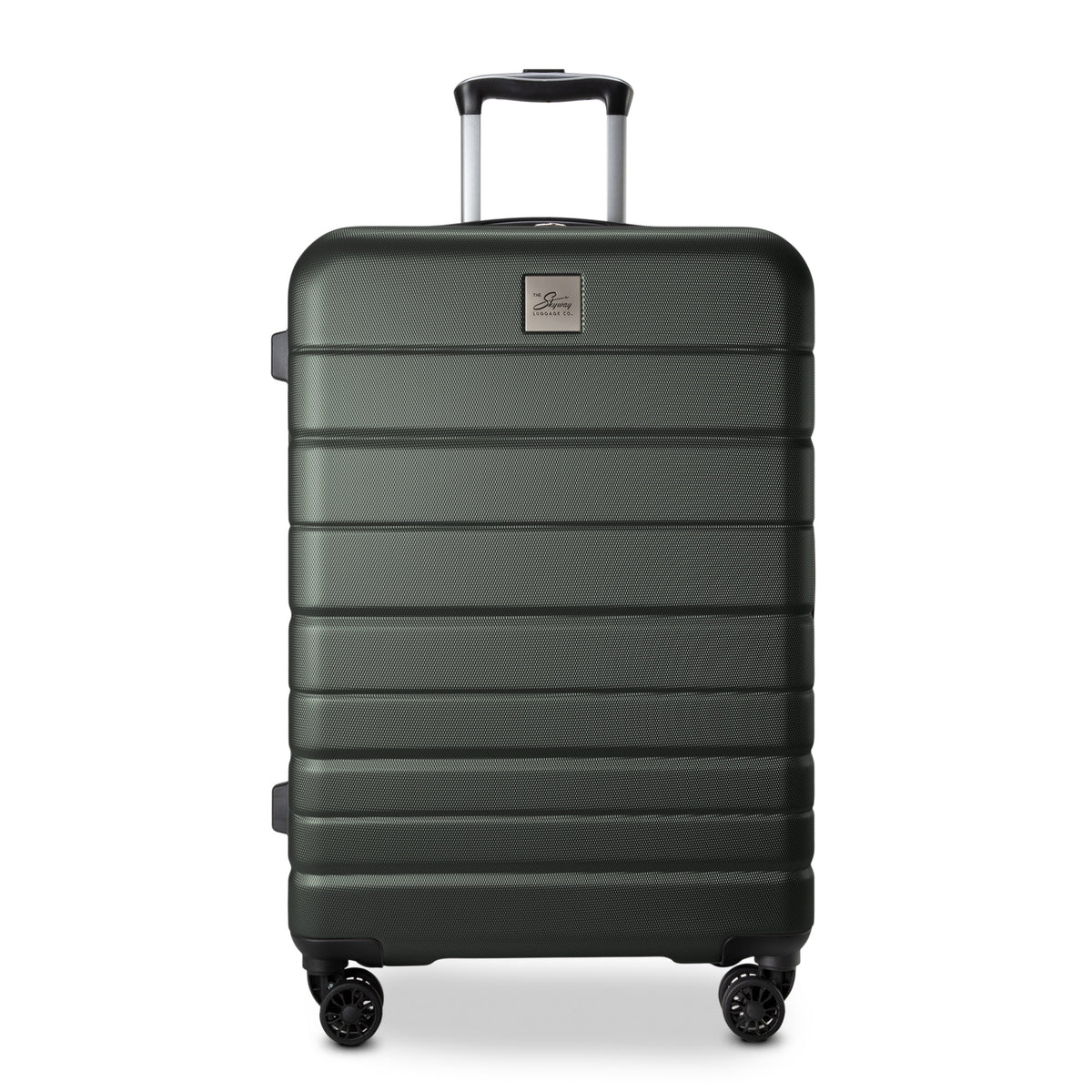 Dark green Skyway Epic 2.0 Medium Spinner with four wheels, telescoping handle & horizontal grooves.