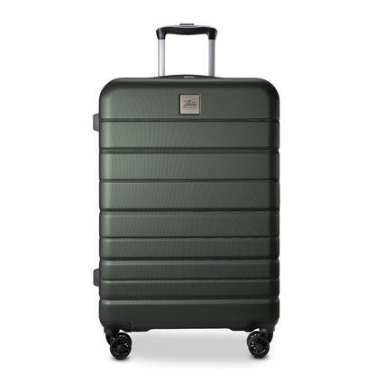 Dark green Skyway Epic 2.0 Medium Spinner with four wheels, telescoping handle & horizontal grooves.