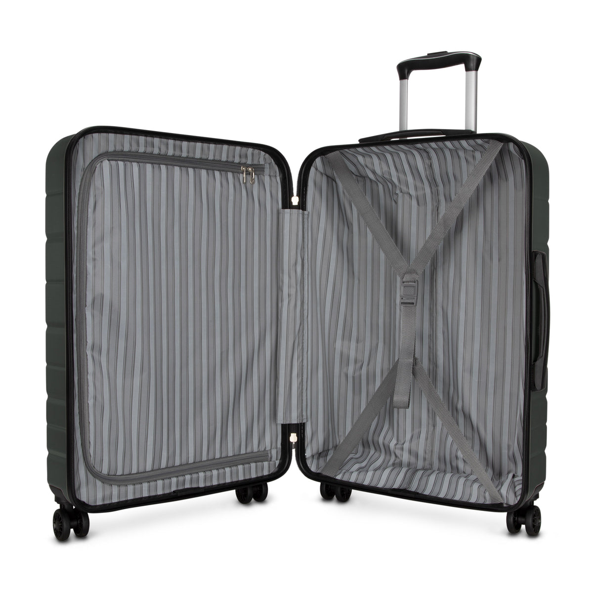 Skyway Epic 2.0 Hardside Medium Check-in Spinner with striped lining, straps & zip compartment, upright.
