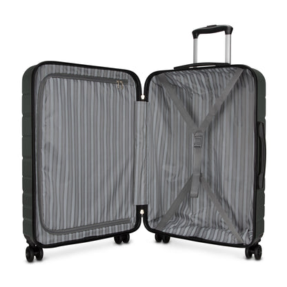Skyway Epic 2.0 Hardside Medium Check-in Spinner with striped lining, straps & zip compartment, upright.