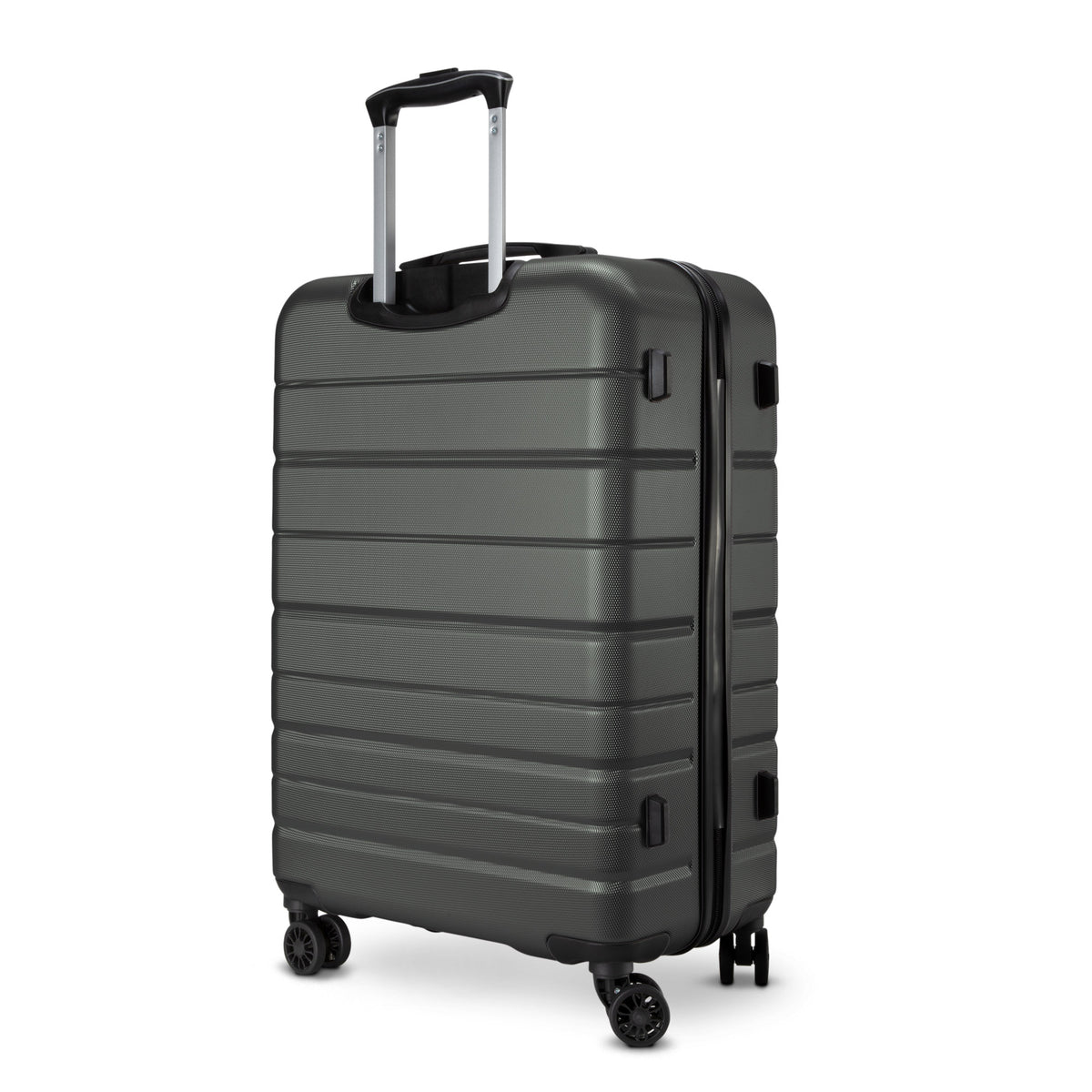 Skyway Epic 2.0 Hardside Medium Check-in Spinner in gray, upright with four wheels and handle extended.