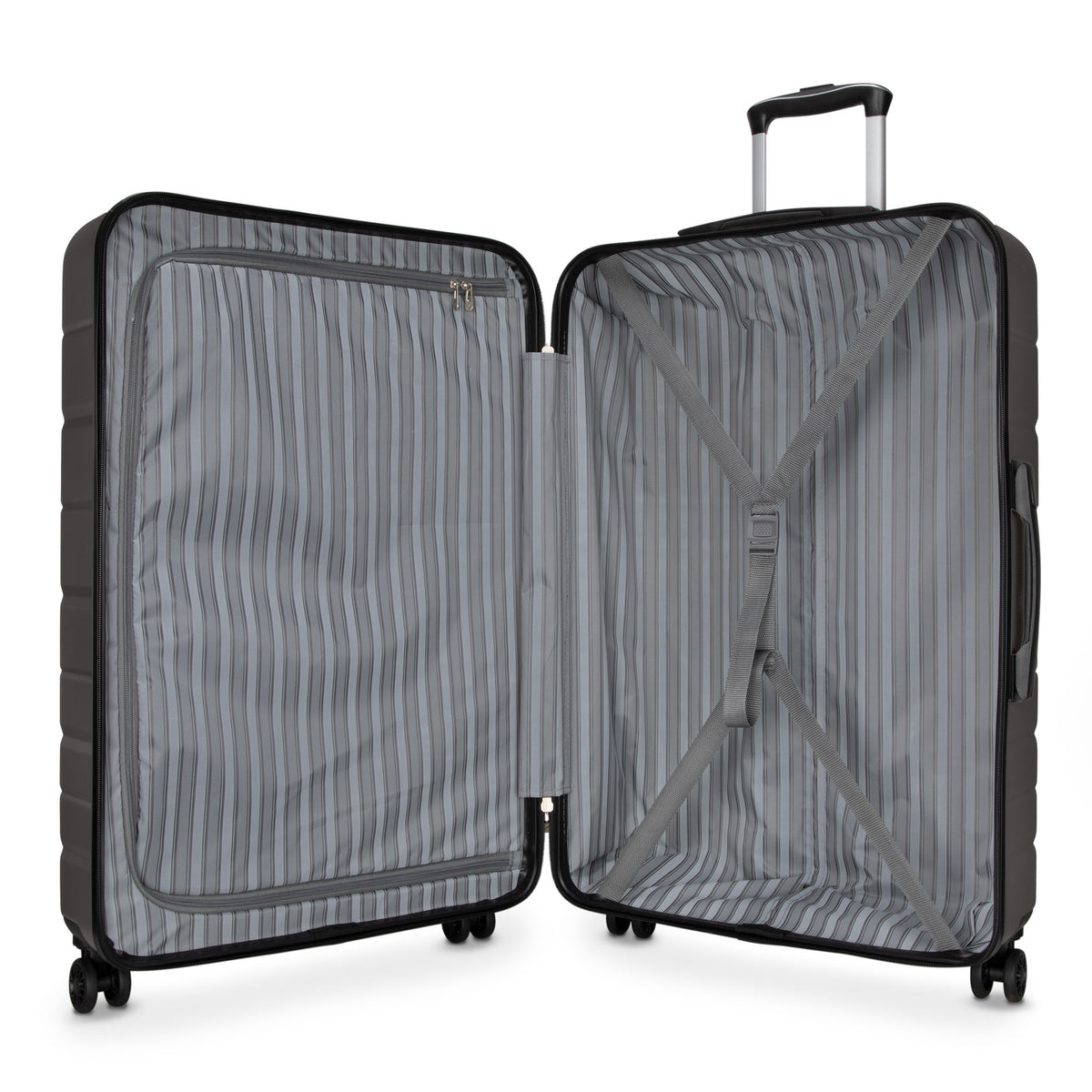 Skyway Epic 2.0 Hardside Spinner features striped interior, mesh divider, and elastic cross straps.