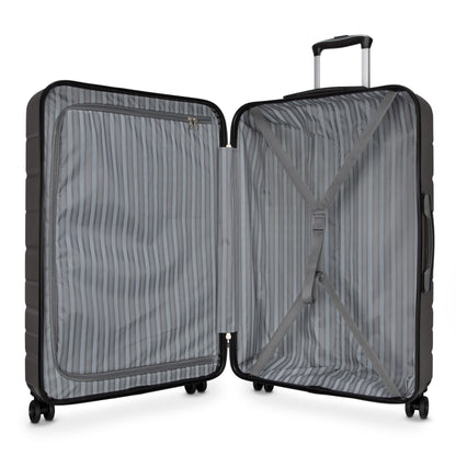 Skyway Epic 2.0 Hardside Spinner features striped interior, mesh divider, and elastic cross straps.