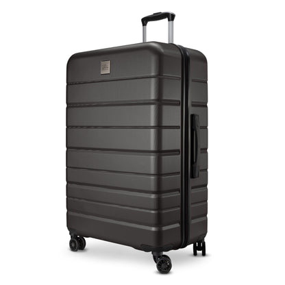 Skyway Epic 2.0 Large Spinner—black hardside, four wheels, top/side handles, striped design.