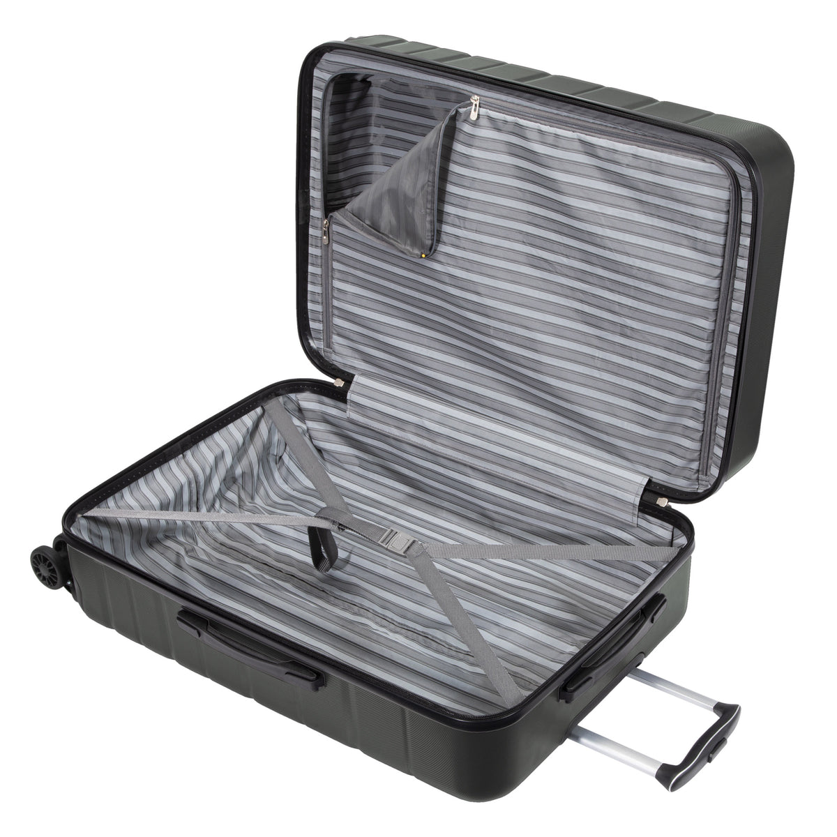 Skyway Epic 2.0 Hardside Spinner with striped interior, zip pocket & retractable handle shown empty.