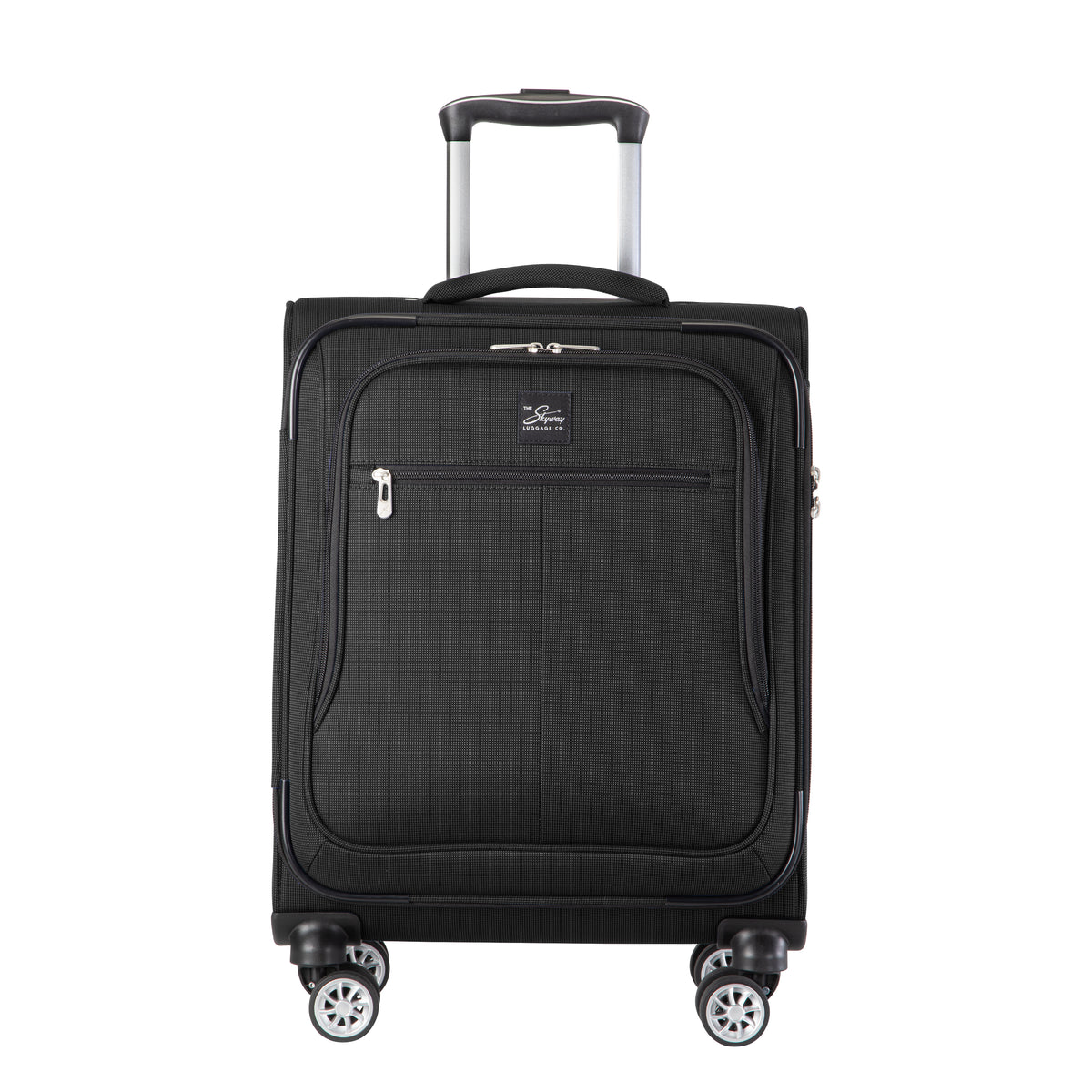 Black Skyway Flair 2.0 carry-on suitcase with a TSA-approved lock, retractable handle, and four spinner wheels.
