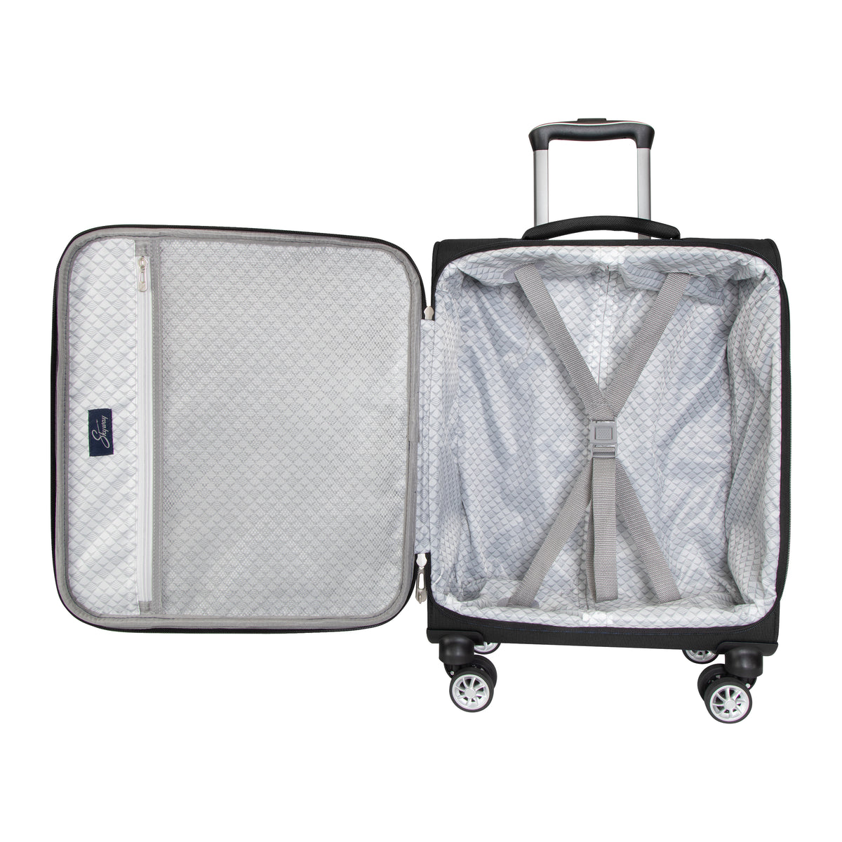 Open black Skyway Flair 2.0 carry-on with expandable lining, patterned fabric, and compression straps.