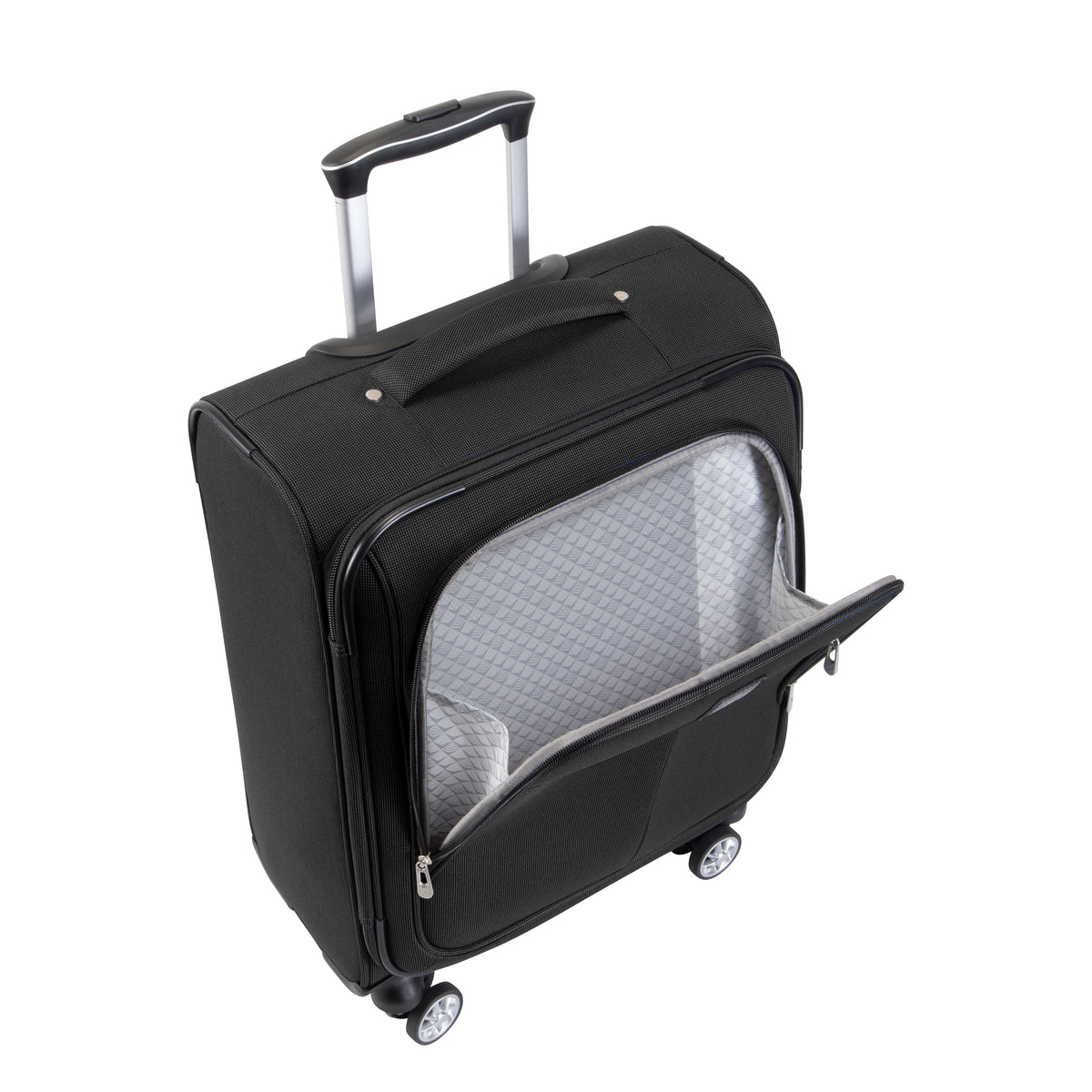 Black Skyway Flair 2.0 upright suitcase with four wheels, extended handle, TSA lock, and open front pocket.