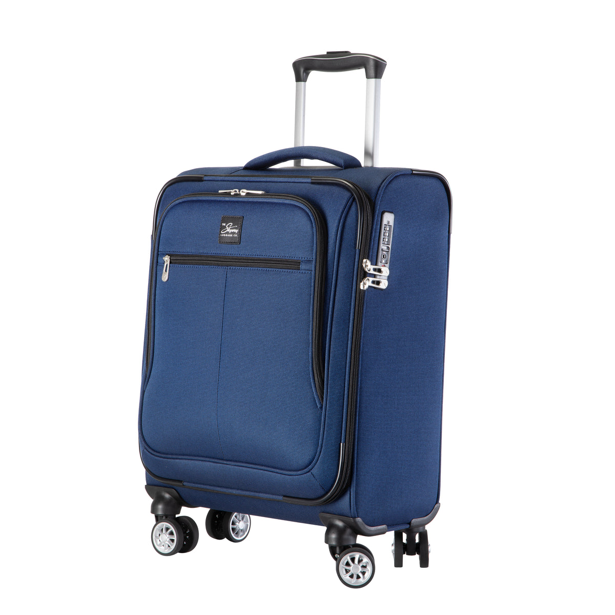 Blue upright Skyway Flair 2.0 carry-on suitcase with a retractable handle, four spinner wheels, and a TSA-approved lock.