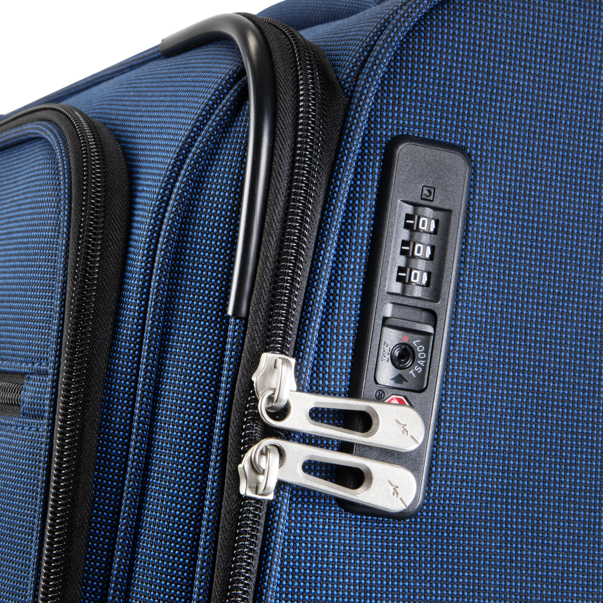 Blue Skyway Flair 2.0 3-Piece Luggage Set with a TSA-approved lock, two zipper pulls, and three-dial security.