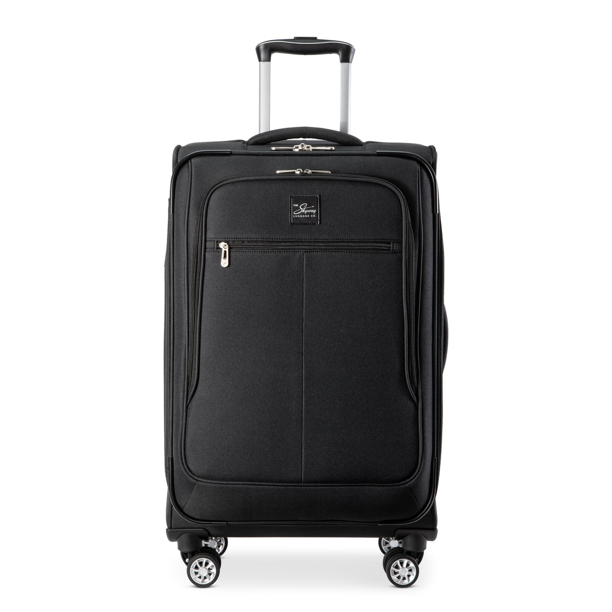 Black Skyway Flair 2.0 expandable upright suitcase with a telescoping handle, four spinner wheels, and a TSA lock.