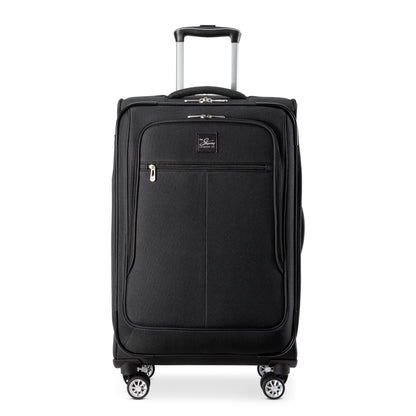 Black Skyway Flair 2.0 expandable upright suitcase with a telescoping handle, four spinner wheels, and a TSA lock.