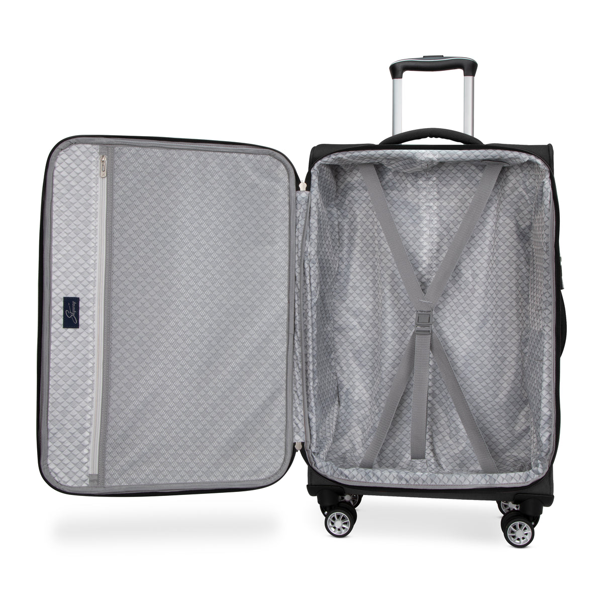 Open black Skyway Flair 2.0 upright suitcase with a grey patterned interior, compression straps, and expandable design.