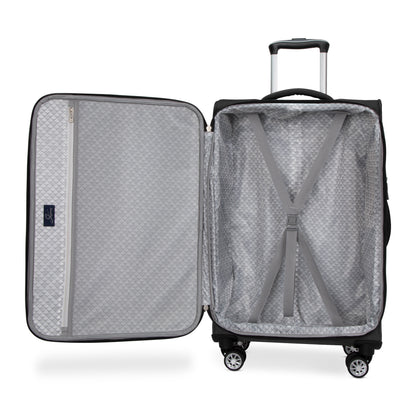 Open black Skyway Flair 2.0 upright suitcase with a grey patterned interior, compression straps, and expandable design.