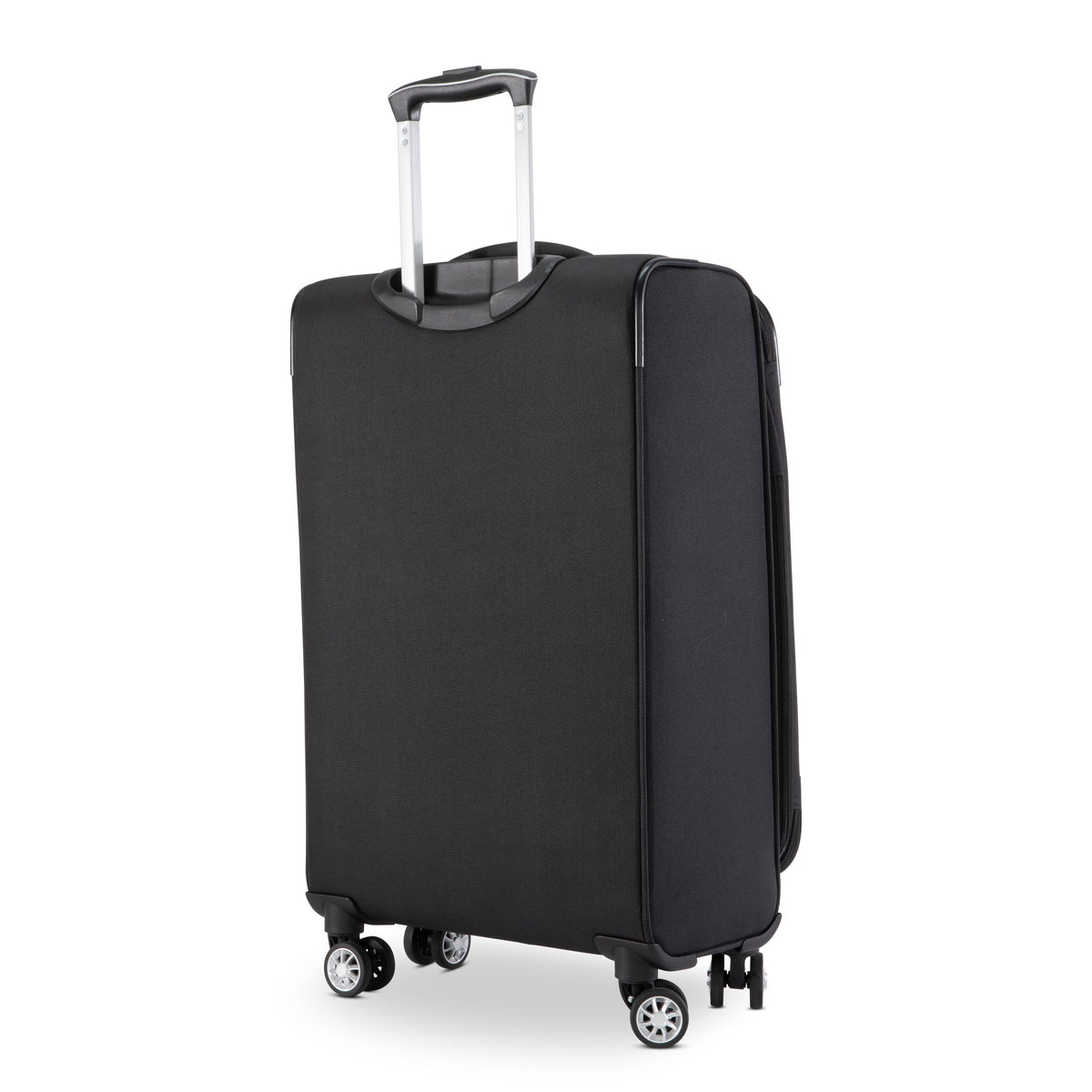 Black Skyway Flair 2.0 3-Piece Luggage Set suitcase with four spinner wheels, a retractable handle, and expandable pack.