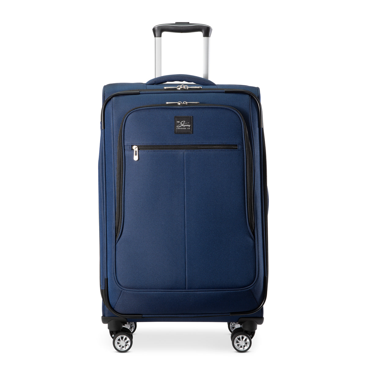 An upright blue Skyway Flair 2.0 3-Piece Luggage Set rolling suitcase with a telescopic handle and expandable design.
