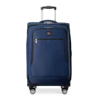 An upright blue Skyway Flair 2.0 3-Piece Luggage Set rolling suitcase with a telescopic handle and expandable design.