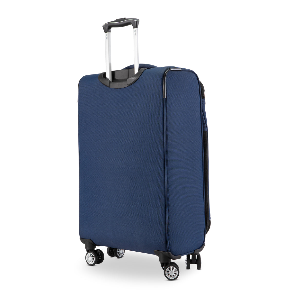 A dark blue Skyway Flair 2.0 3-Piece Luggage Set suitcase with an extended handle, spinner wheels, and a TSA lock.