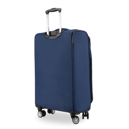 A dark blue Skyway Flair 2.0 3-Piece Luggage Set suitcase with an extended handle, spinner wheels, and a TSA lock.