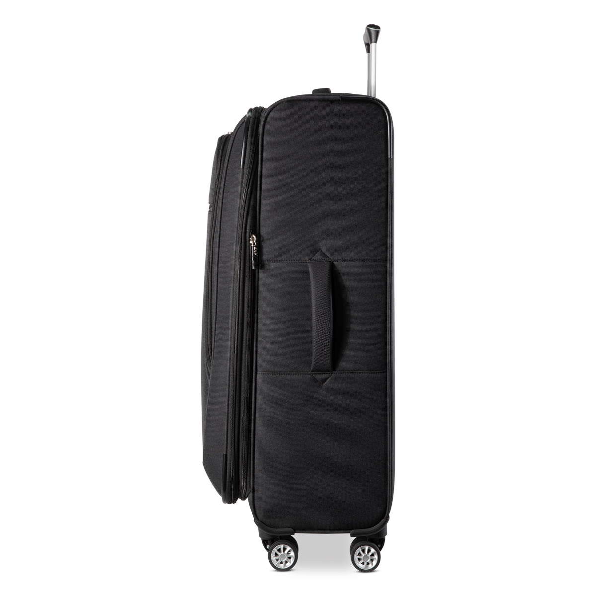 Side view of a black Skyway Flair 2.0 3-Piece Luggage Set suitcase with a retractable handle and four spinner wheels.
