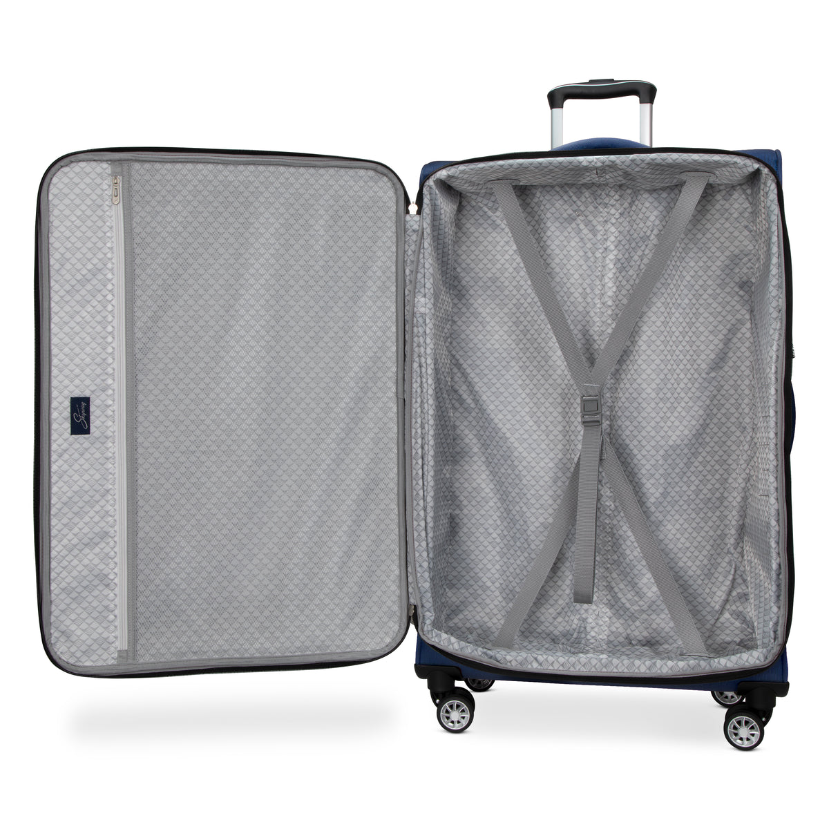 Open navy blue Skyway Flair 2.0 3-Piece Luggage Set suitcase with a grey patterned interior and compression straps.