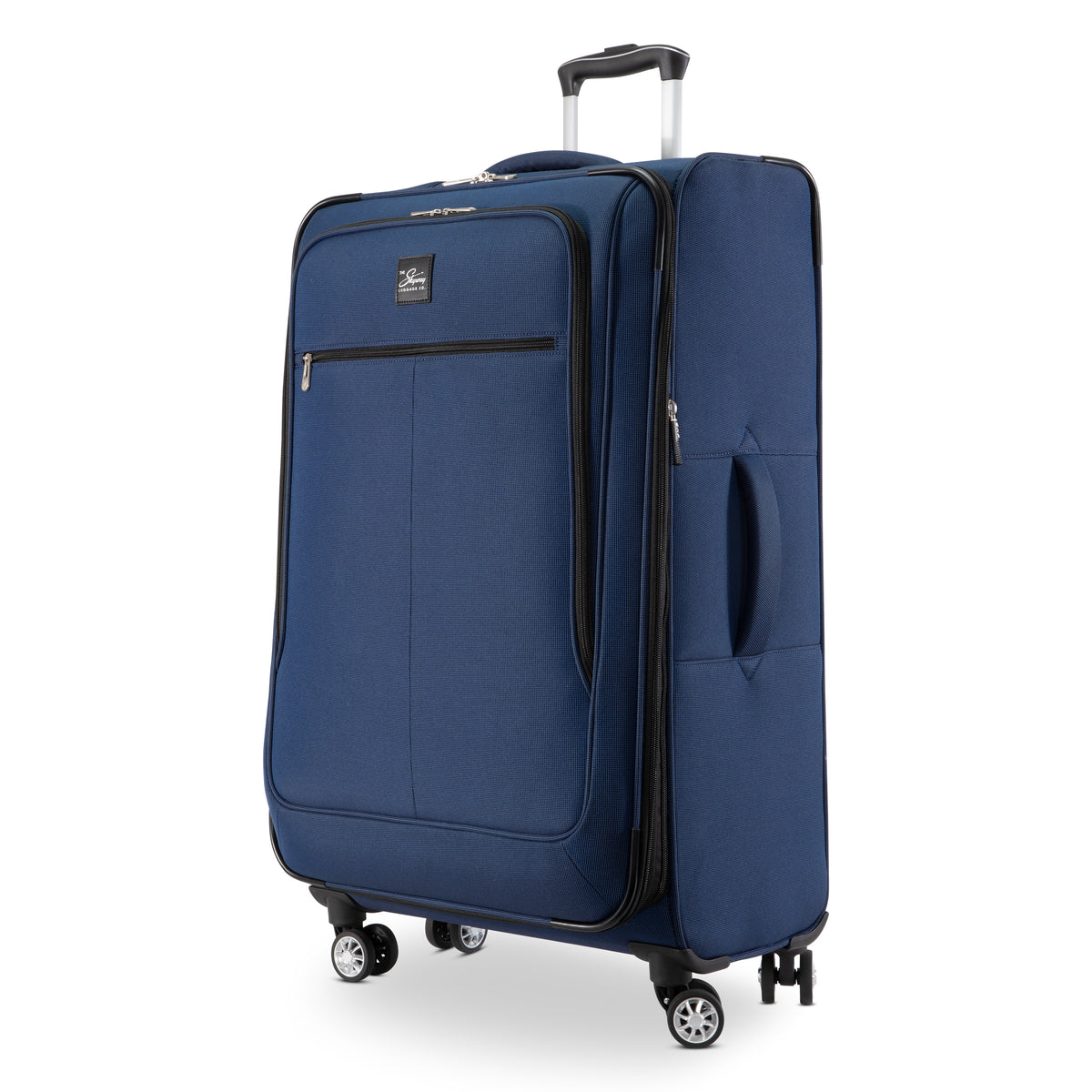 Skyway Flair 2.0 navy blue expandable suitcase with a telescoping handle, TSA-approved lock, and four spinner wheels.