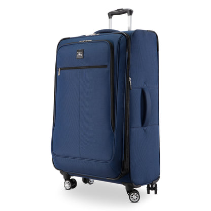 Skyway Flair 2.0 navy blue expandable suitcase with a telescoping handle, TSA-approved lock, and four spinner wheels.