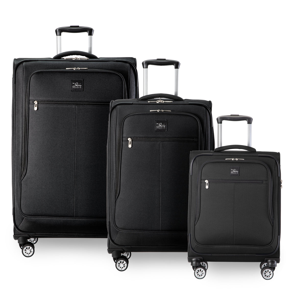 Skyway Flair 2.0 3-Piece Luggage Set: three black suitcases with TSA locks, upright handles, and four-wheel spinners.