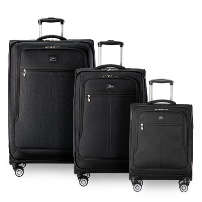 Skyway Flair 2.0 3-Piece Luggage Set: three black suitcases with TSA locks, upright handles, and four-wheel spinners.