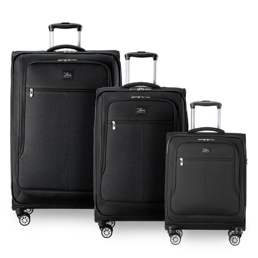 Product Image – Skyway Flair 2.0 3-Piece Luggage Set: three black suitcases with TSA locks, upright handles, and four-wheel spinners.